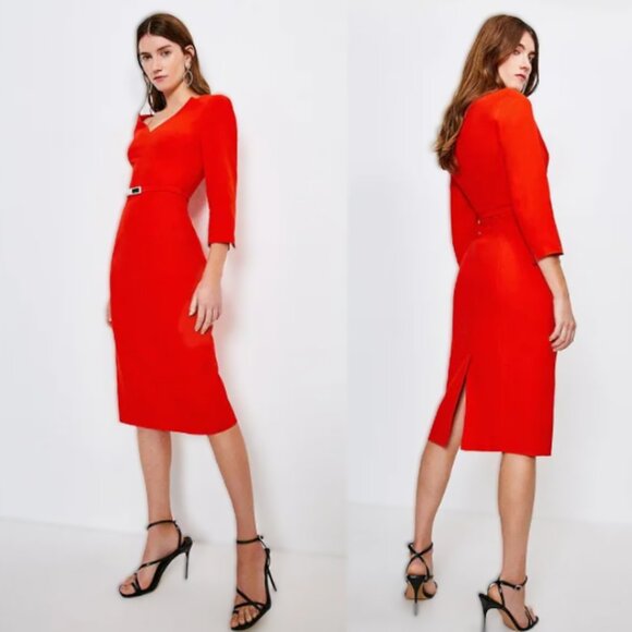 *NWT* Karen Millen Red "Forever" Structured Crepe Bar Belt Midi Dress - Size 4 - Picture 4 of 16